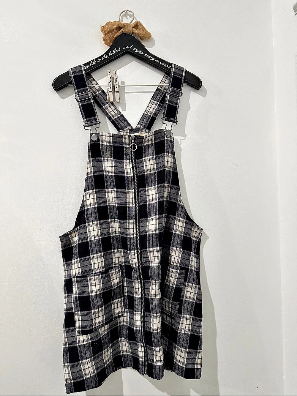 tgla Plaid Zip Romper in Black & White Size Medium Like New
